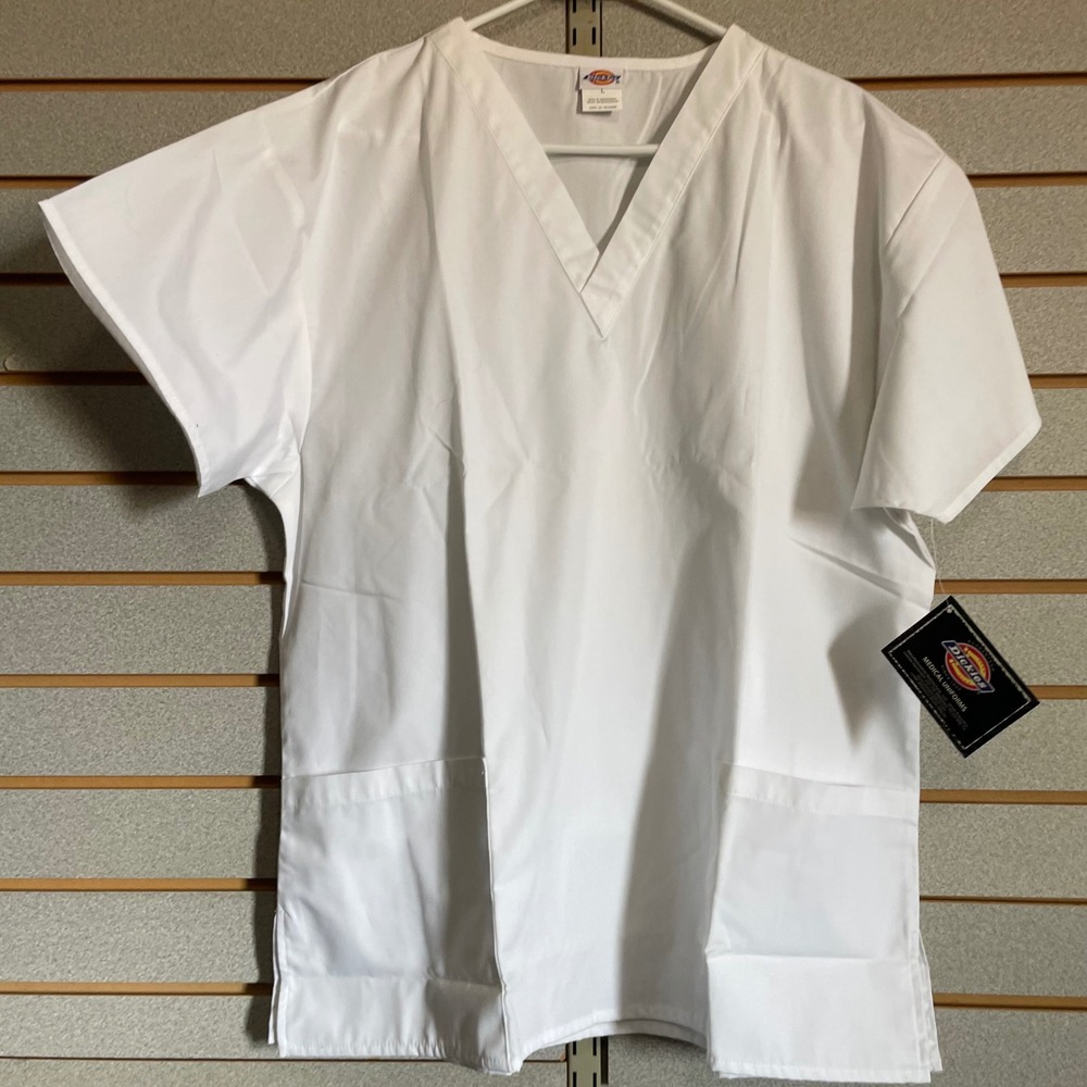 Dickies Medical Uniforms White V-Neck Scrub Top Short Sleeve DWH Large NEW
